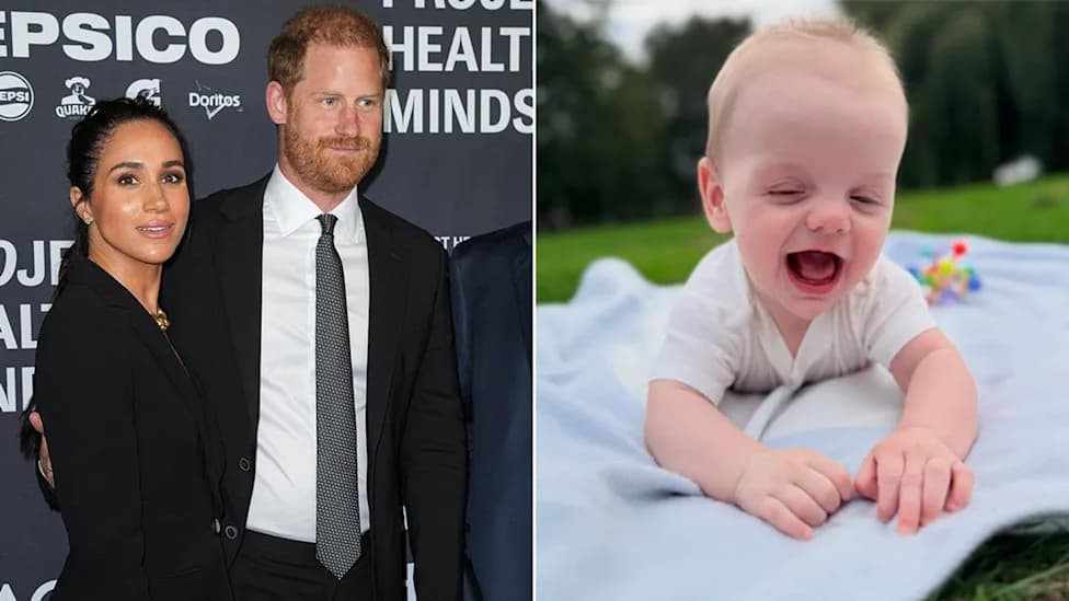 Split image of Meghan Markle and Prince Harry, and a smiling baby on a blanket