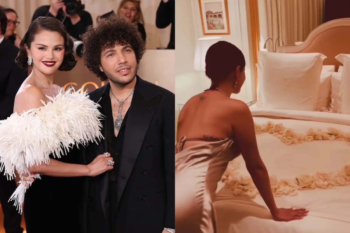 Selena Gomez in a red carpet photo alongside a hotel bedroom set with rose petals