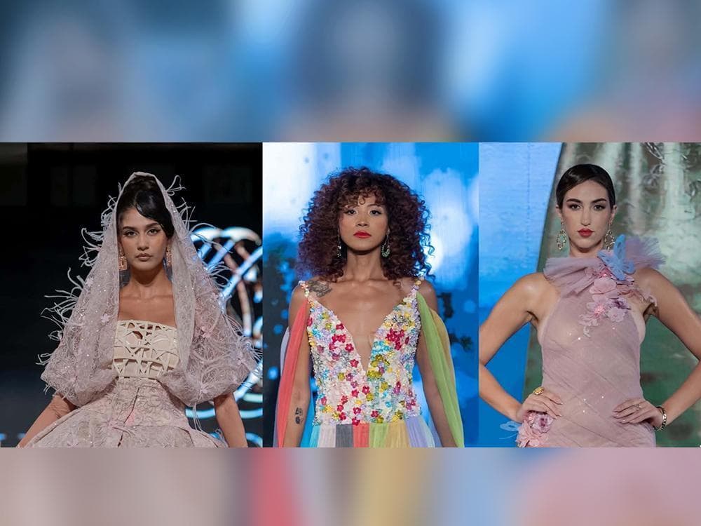 Three runway looks from Alexis Monsanto's Ode to Odyssey collection, including a veiled bridal gown and a rainbow floral dress
