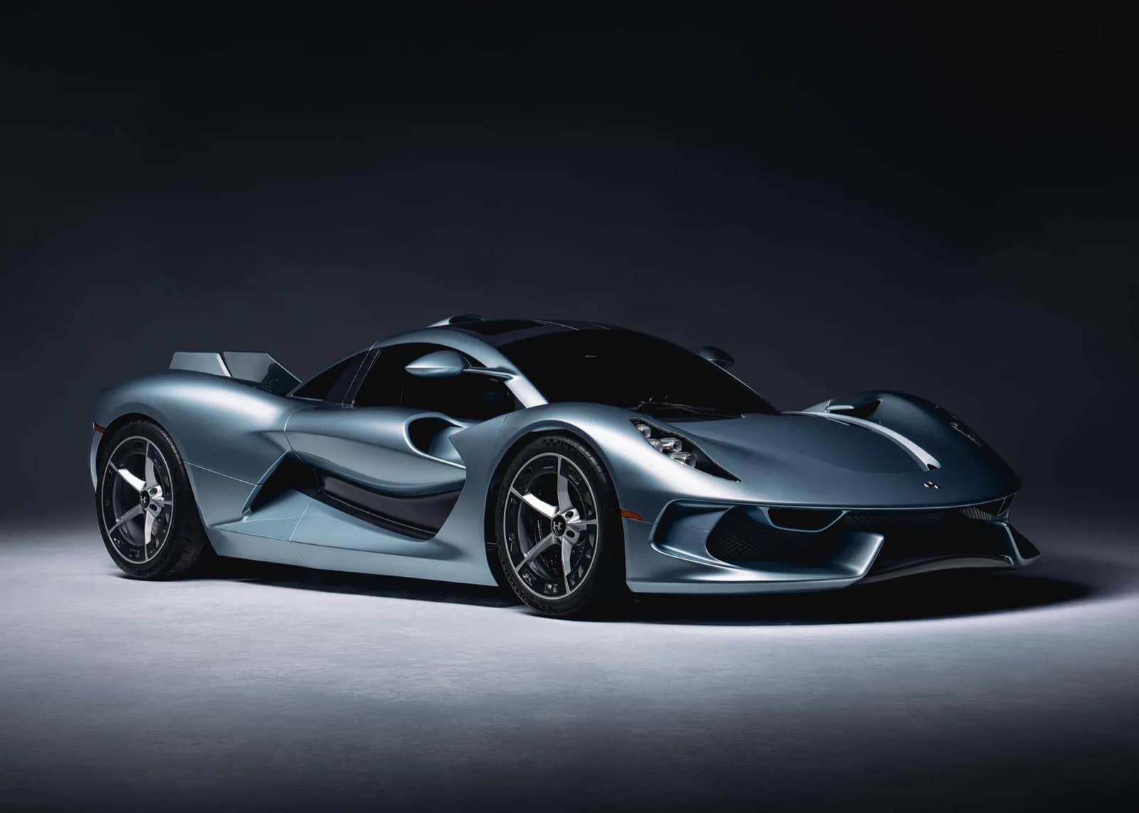 Hennessey Blackbird hypercar in matte blue grey finish shot in a dark studio
