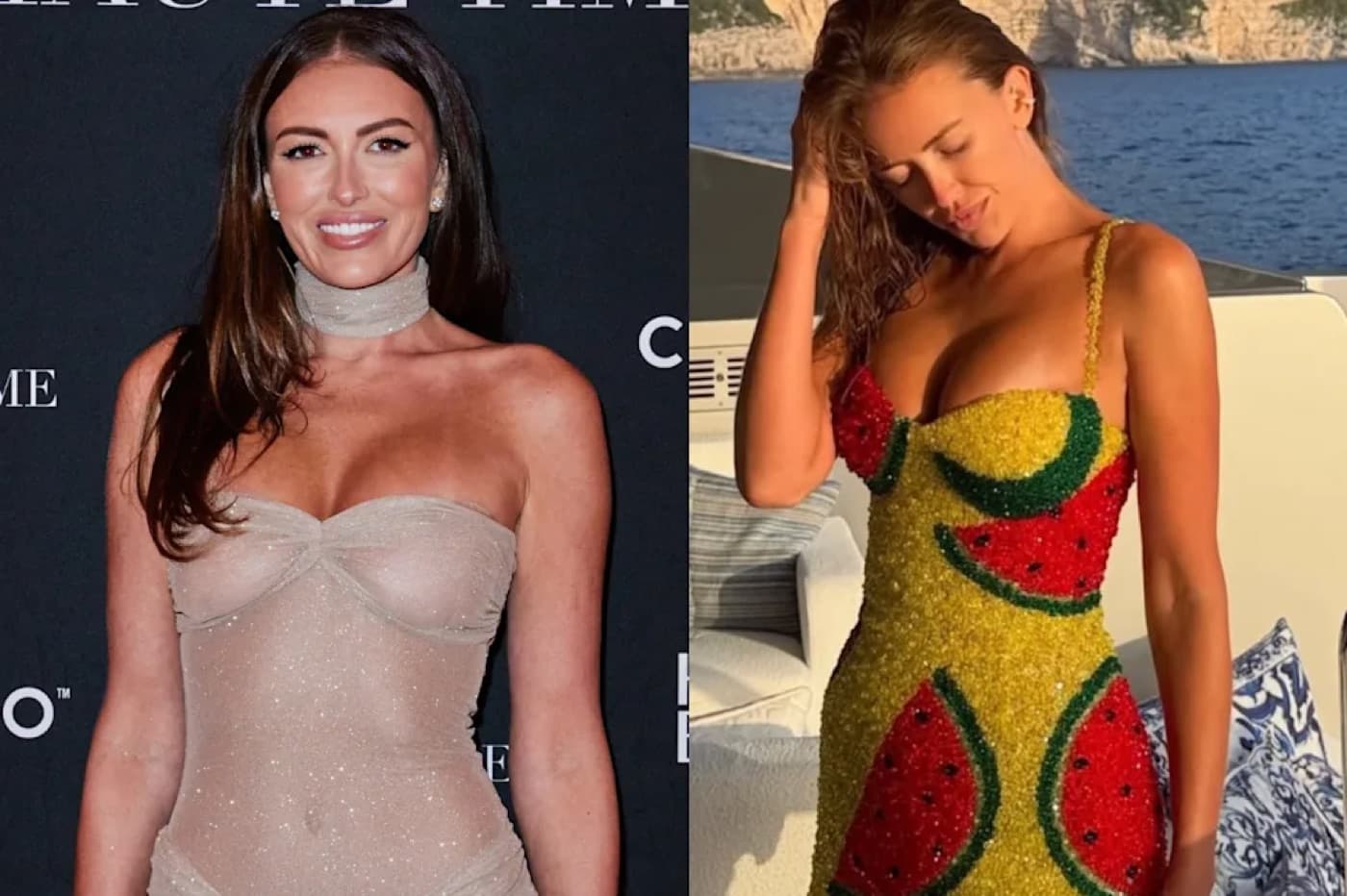 Paulina Gretzky in a watermelon print crystal dress on a yacht in Greece, next to a red carpet photo of her in a nude gown