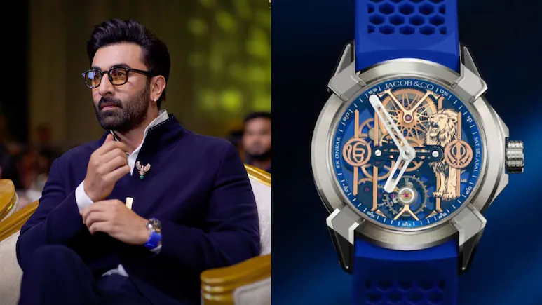 Ranbir Kapoor at a Ramayana event beside a close-up of his blue watch featuring Sikh religious symbols