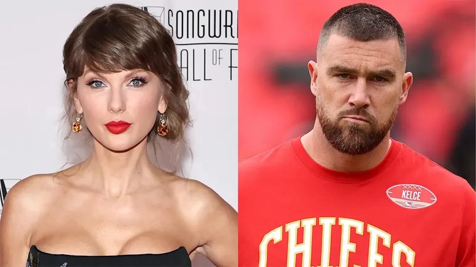Side by side portraits of Taylor Swift and Travis Kelce